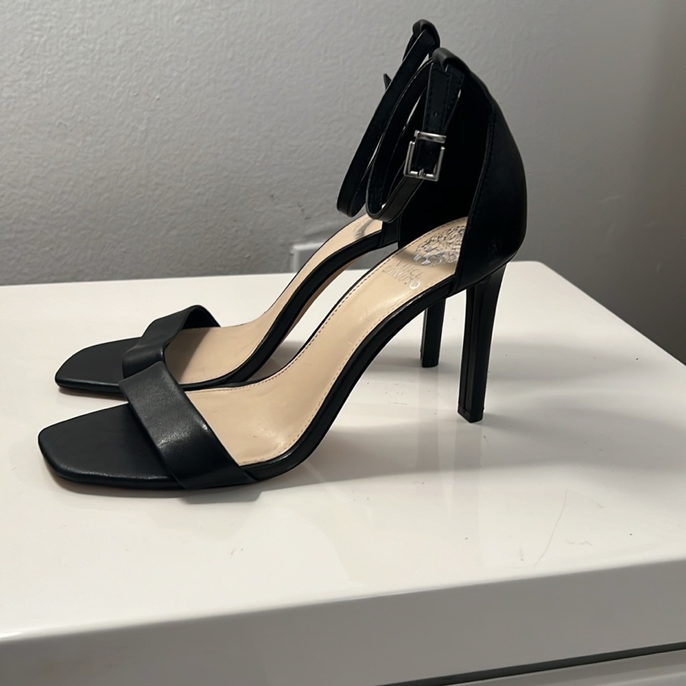 Vince Camuto Black Open-Toe Ankle Strap Stilettos